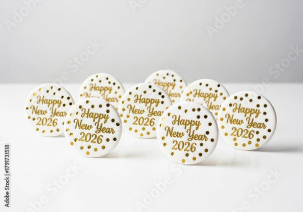 Obraz Festive Party Favors with Happy New Year 2026 Message on White Surface Celebratory Event Decorations