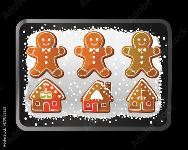 Obraz Freshly Baked Gingerbread Men Cookies and Little Iced Gingerbread Houses on a Baking Sheet Ready to Eat - Vector Illustration