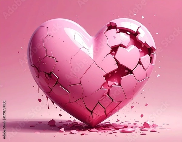 Fototapeta A pink heart, fractured and crumbling, stands out against a soft, lighter pink backdrop, symbolizing fragility