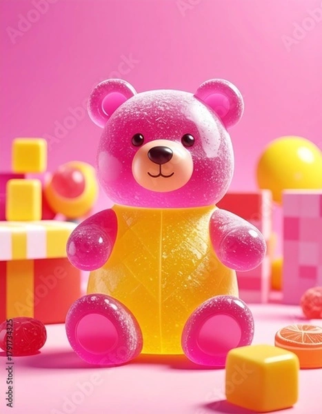 Obraz A pink gummy bear sits in front of pink background with assorted square, rectangular, round and fruit candy scattered