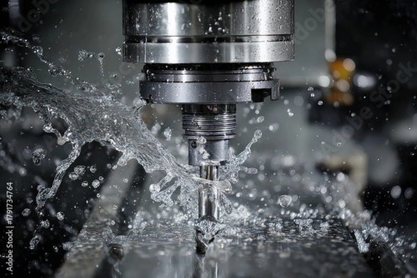 Obraz Metallic CNC Machine Drilling Metal with Water Spray Effect Close Up