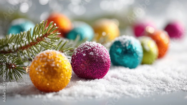 Fototapeta Colorful Christmas ornaments and pine branches rest on snowy surface, creating festive and cheerful holiday scene. vibrant baubles in various hues add touch of sparkle and joy