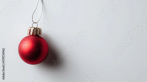 Fototapeta single red Christmas ornament with metallic cap and string casts shadow on plain white background, creating minimalist and festive scene