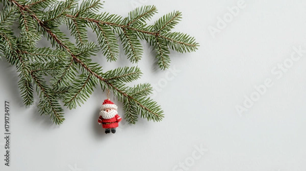 Fototapeta small Santa Claus ornament hangs from green pine branch against plain white background, creating festive and minimalist holiday scene