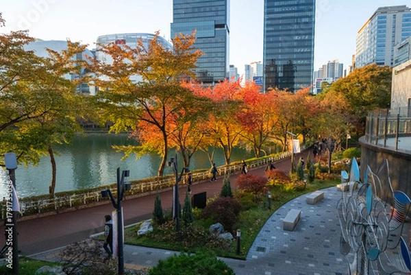 Fototapeta Magnificent autumn colors of the trees in a park with a lake and skyscrapers in the background, Seoul, South Korea
