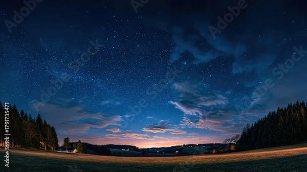 Obraz Panoramic Night Sky Above Field and Forest Illuminated by Stars