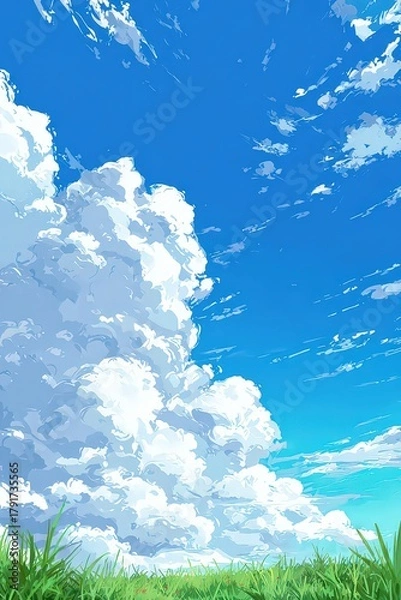 Obraz Pixelated Cloudscape Above Green Field Bright Blue Sky During Daytime