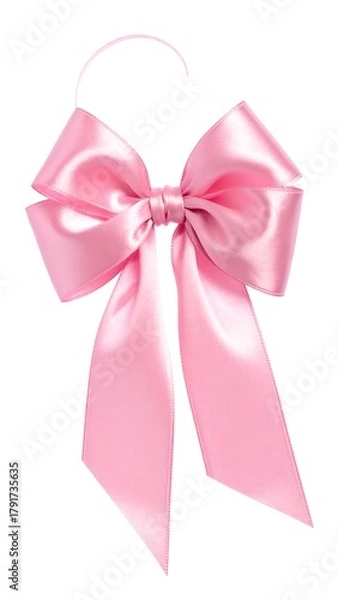 Fototapeta A pink satin bow with tails, isolated on white, softly reflecting light and shadows in its elegant folds