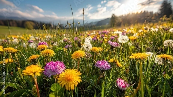Obraz Radiant Meadow Filled with Colorful Flowers Under a Sunny Blue Sky with Lush Green Trees in Background During Daylight Hours