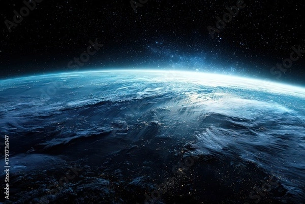 Fototapeta Satellite View of Blue and White Earth with City Lights and Starry Background Space