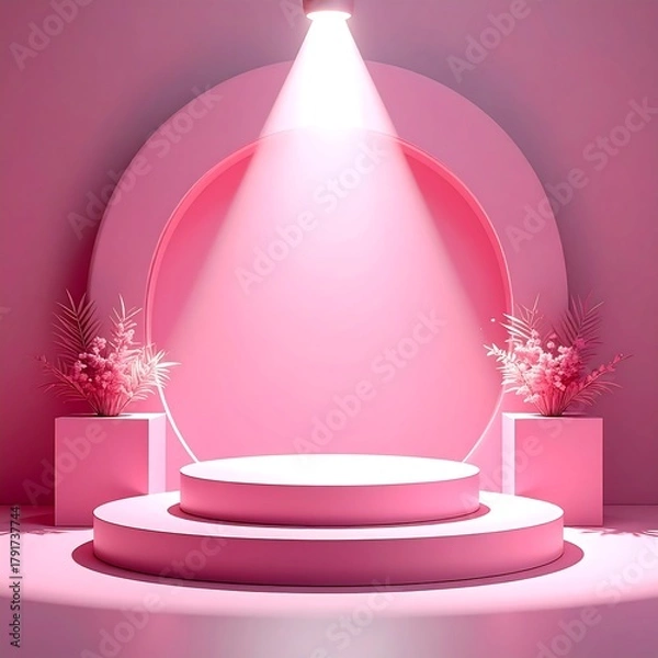 Fototapeta A pink-hued stage with a cylindrical podium under a spotlight, flanked by cube stands with floral arrangements