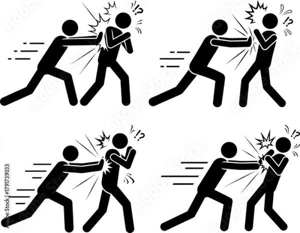 Obraz Men Fighting Punching Conflict Aggression Stick Figure Icon Set