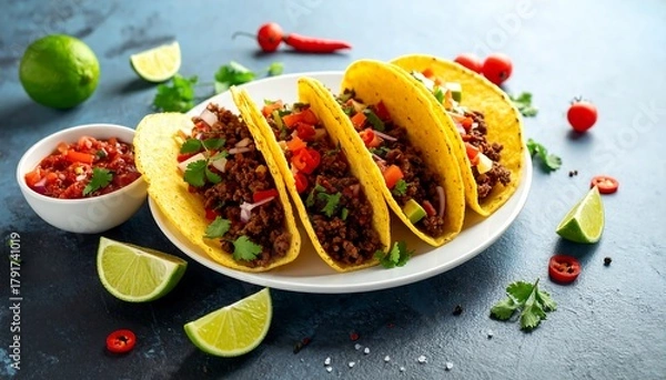 Fototapeta A plate of four tacos filled with meat and vegetables, with lime and salsa beside them on a bluish surface