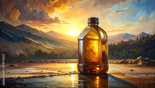 Fototapeta A plastic jug reflects a vibrant sunset over a mountainous landscape, evoking a sense of tranquility