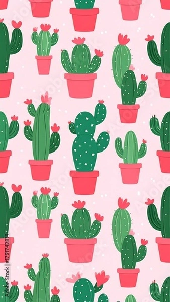 Fototapeta A playful repeat pattern of various green cacti in pink pots, set against a pastel pink background dotted with white