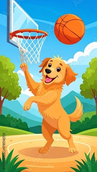 Fototapeta A happy golden retriever plays basketball outdoors, aiming for a clear backboard hoop on a sunny day