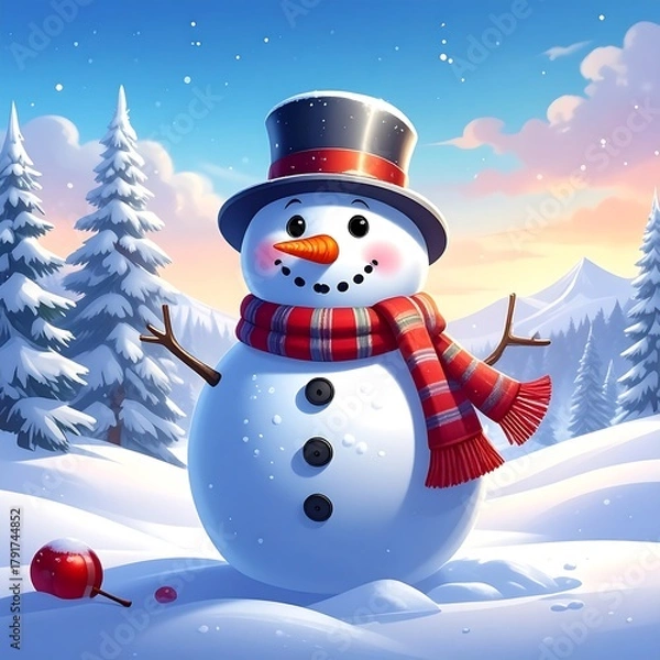 Fototapeta A happy snowman smiles in a snow-covered landscape under a bright blue sky with soft pastel clouds