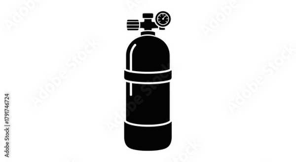 Fototapeta A black silhouette of a scuba diving tank with a pressure gauge on top, isolated on a white background.