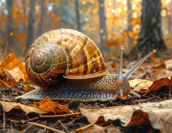 Fototapeta A snail crawls over autumn leaves, its shell gleaming in the sunlight with glistening antennae visible
