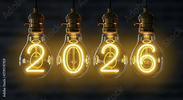 Fototapeta Illuminated 2026: creative light bulbs symbolizing new year.