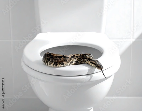 Fototapeta A snake, patterned brown and tan, is resting atop a white toilet seat in a brightly lit, tiled bathroom setting