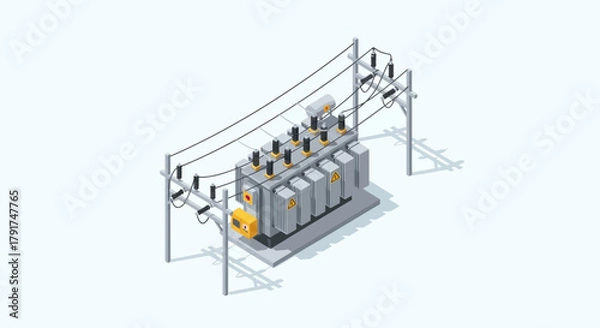 Fototapeta Isometric illustration of a power transformer station with electrical equipment and power lines.