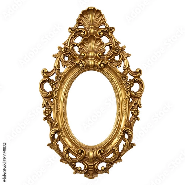 Fototapeta Closeup of an ornate gold oval picture frame, featuring a vintage and luxurious design with a seashell detail and intricate carvings