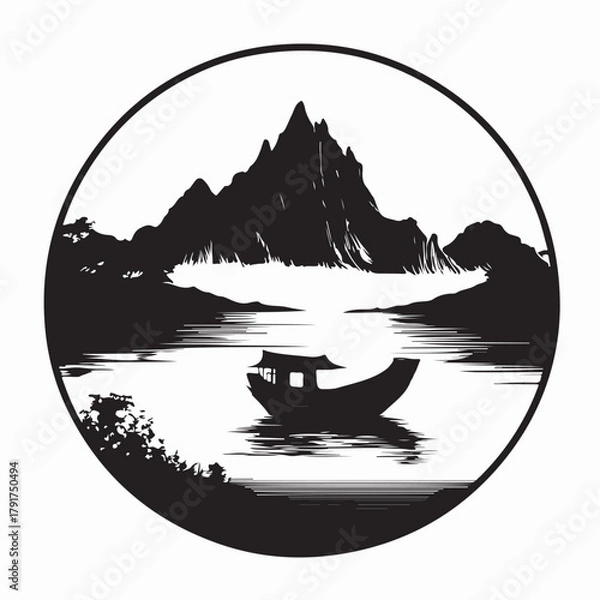 Obraz Tranquil Lake Scene with Boat and Mountains Silhouette Vector