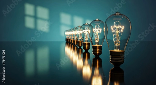 Fototapeta Row of clear glass light bulbs with glowing filaments on reflective surface, blue background, window shadow, creative innovation concept, warm lighting, modern interior design