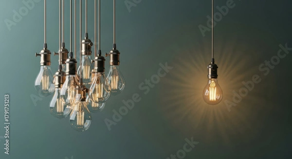 Fototapeta Hanging light bulb glowing filament modern lighting creative concept energy innovation inspiration interior minimal blue background. single illuminated bulb stands out from group symbolizing