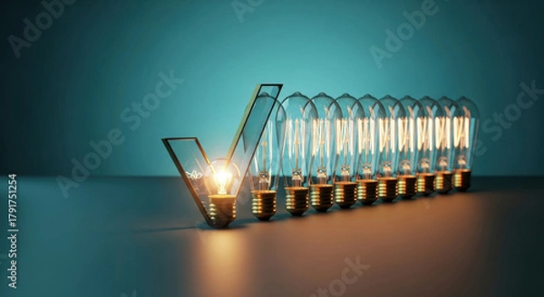 Fototapeta Creative concept with row of vintage light bulbs, one shaped as check mark and glowing brightly, symbolizing innovation, success, and bright ideas in modern setting