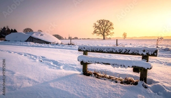 Fototapeta A snow-covered winter scene featuring a bench in the foreground and farm buildings and trees in the distance at sunrise