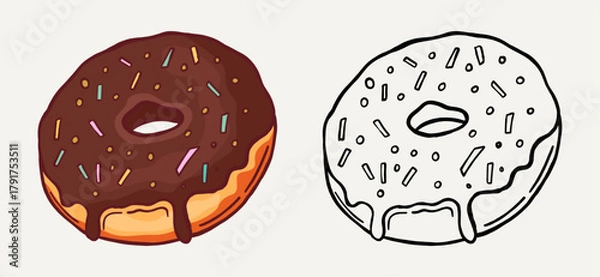 Obraz Cute hand-drawn donut illustration with chocolate glaze and sprinkles. Perfect for bakery, cafe menu, poster, and sweet food design projects