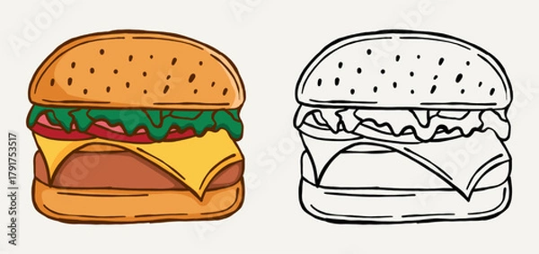 Obraz Colorful and outline hand drawn hamburger illustration showing a delicious fast food meal. Perfect for menu design, restaurant branding, poster