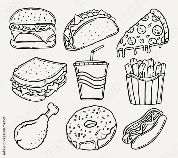 Obraz A set of simple line art illustration of fast food hand drawn burger, pizza, donut, taco, sandwich, soda, french fries, chicken, and hotdog. Perfect for menu, poster, and more