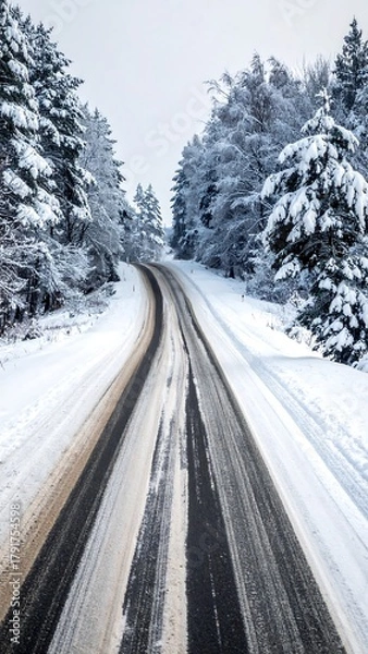 Fototapeta A snowy road winds between snow-covered evergreen trees under a cloudy sky, creating a serene winter scene