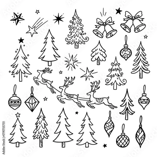 Fototapeta Christmas Doodle Set with Trees Reindeer and Ornaments.