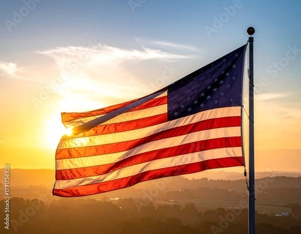Obraz A vibrant sunset silhouettes an American flag atop a pole. The flag billows in the wind with stripes and stars visible. Hazy landscape