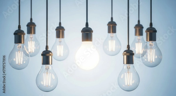 Fototapeta Hanging light bulb glowing electricity innovation idea inspiration modern clear glass filament blue background. single illuminated bulb stands out among unlit bulbs symbolizing creativity