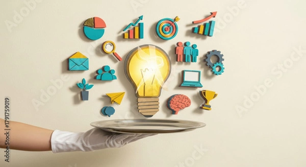 Fototapeta Light bulb business icon teamwork growth innovation creativity success analysis communication technology leadership. Creative business concept with glowing light bulb and colorful icons
