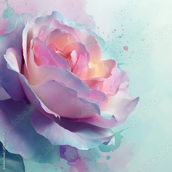 Fototapeta A close up of a pastel rose with watercolor effects and soft lighting on a light background art