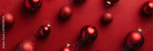 Fototapeta Scattered red christmas ornaments on a red background creating a festive holiday arrangement