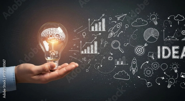 Fototapeta Hand holding light bulb with brain inside surrounded by creative business doodles graphs rocket and word idea symbolizing innovation inspiration and growth in business strategy