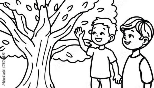 Fototapeta Two cheerful boys enjoy outdoor play in nature with trees and leaves, line art style illustration coloring book
