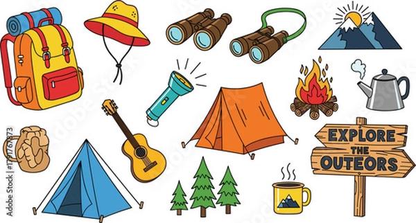 Fototapeta Illustration of a colorful camping illustration with a backpack, hat, binoculars, flashlight, guitar, tent, trees, campfire, kettle, mug, and explore the outdoors sign