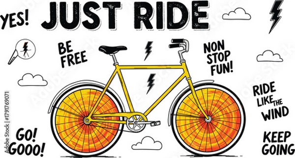 Fototapeta Illustration of a yellow bicycle with orange wheels and motivational text, perfect for a cycling enthusiasts design or poster