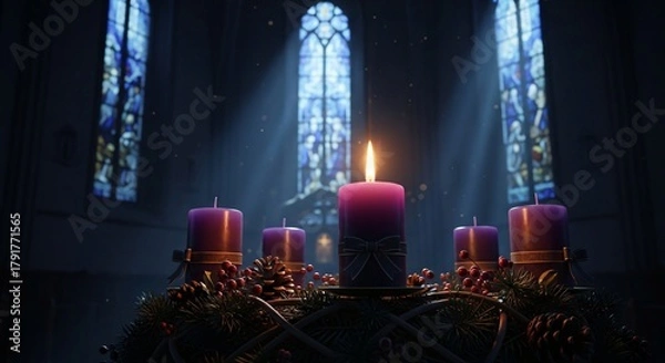 Fototapeta Lit Advent Candle Wreath in Church Celebrating First Sunday of Advent Tradition