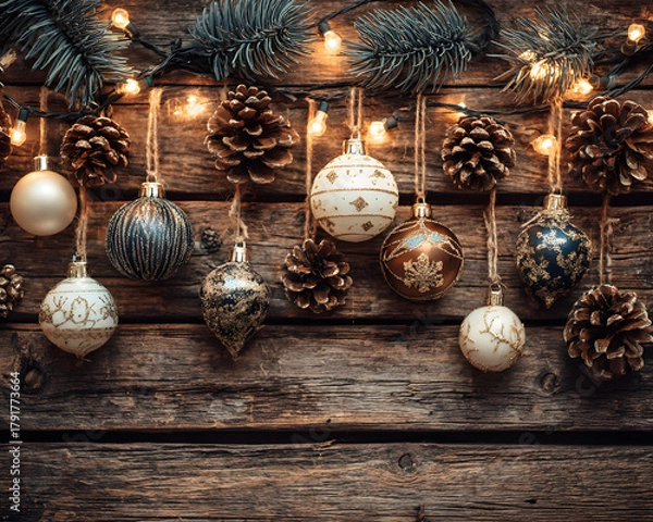 Fototapeta Rustic Christmas decorations arranged on a wooden background, including ornaments, pinecones, and twinkling lights, warm festive vibe.