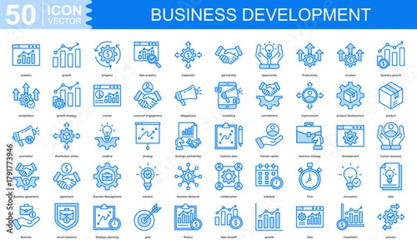 Obraz business development icon collection set. Containing analytics, growth, progress, data analytics, Expansion icon