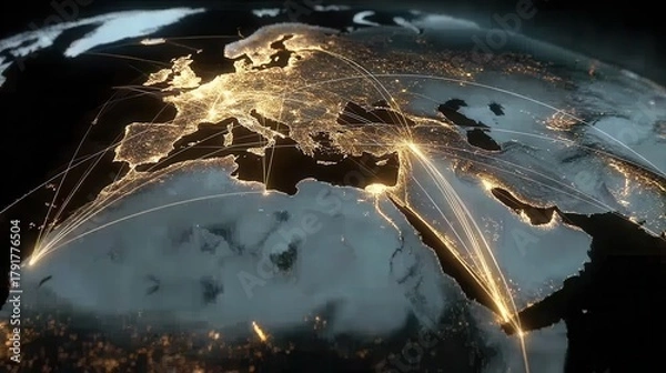 Fototapeta Animated digital network map displaying strategic military connections across Europe and North Africa at night